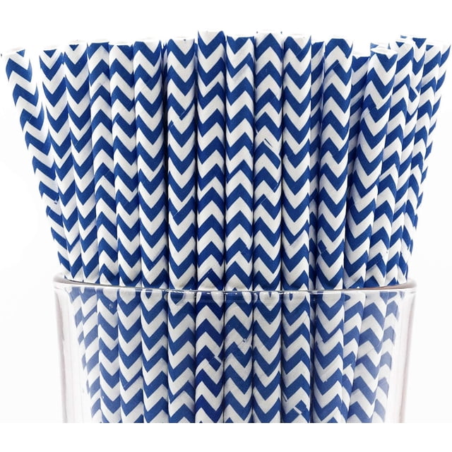Pack of 150 Navy Blue Chevron Biodegradable 4-Ply Paper Drinking Straws (Compostable, Non-toxic, BPA-free)