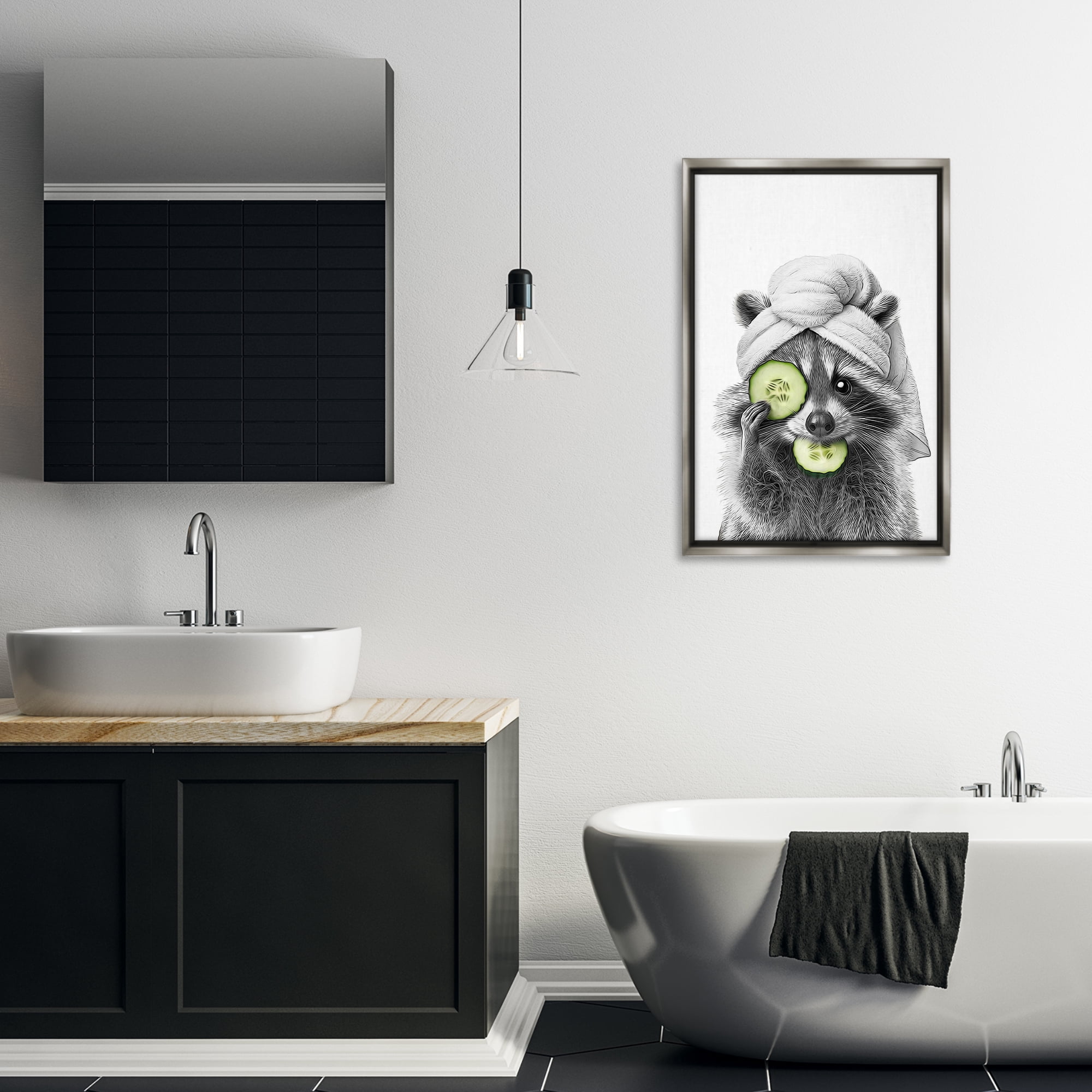 Stupell Industries Raccoon Spa Day Typography Painting Gray Floater Framed Canvas Art Print Wall Art, 21 x 31