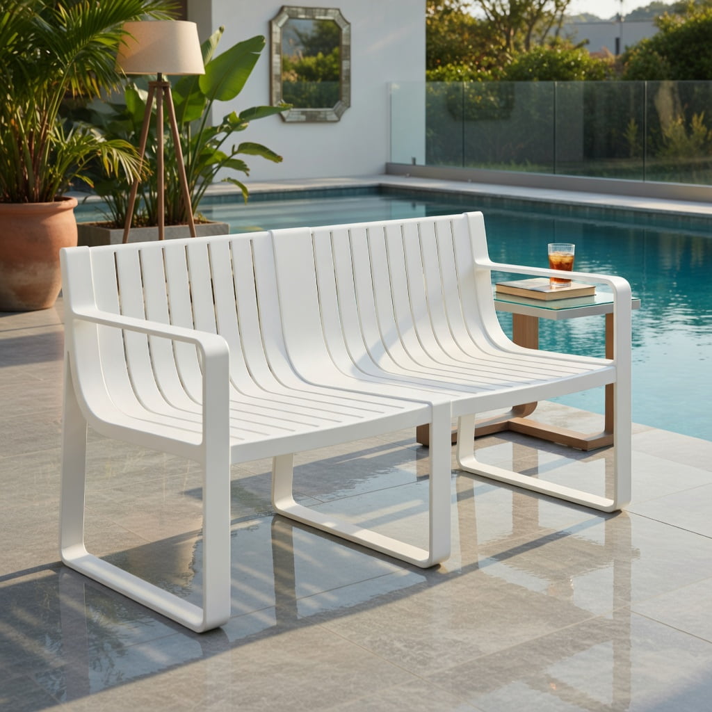 Hommoo Weather-Resistant Plastic 2-Person Outdoor Patio Loveseat Bench, Curved Backrest, White
