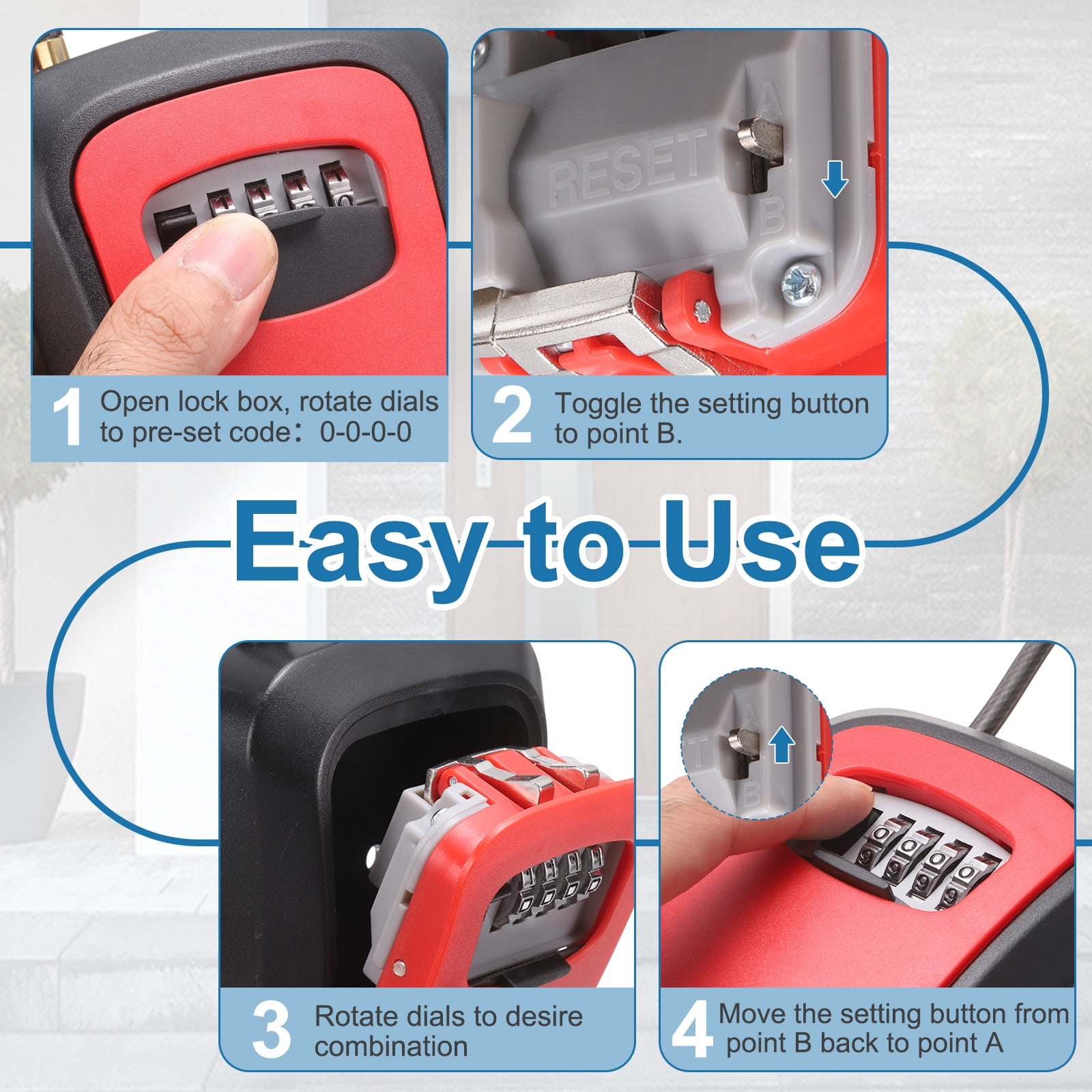 Uxcell Wall Mount Key Lock Box (4.7"x3.9"x1.8", Red) - 4 Digit Portable Combination Lockbox for Keys Safe Security Storage Resettable Code Lockbox for Home Office