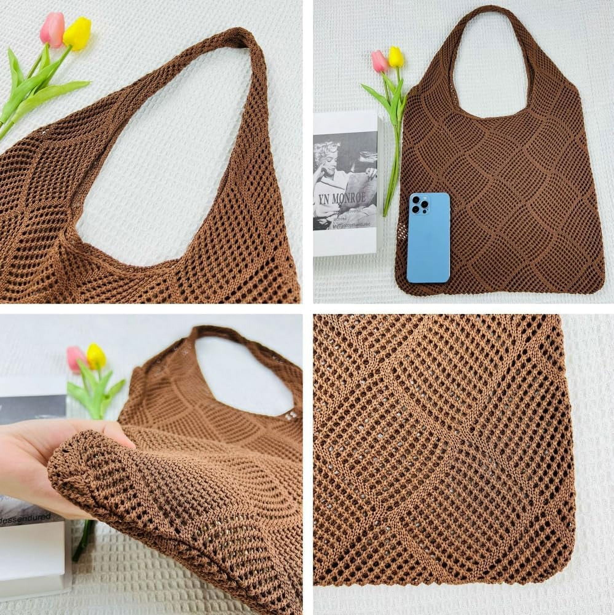 Kukuzhu Women Knit Hobo Tote Bag Aesthetic Crochet Handbags Casual Mesh Shoulder Handbag Hand Crochet Bags Purse