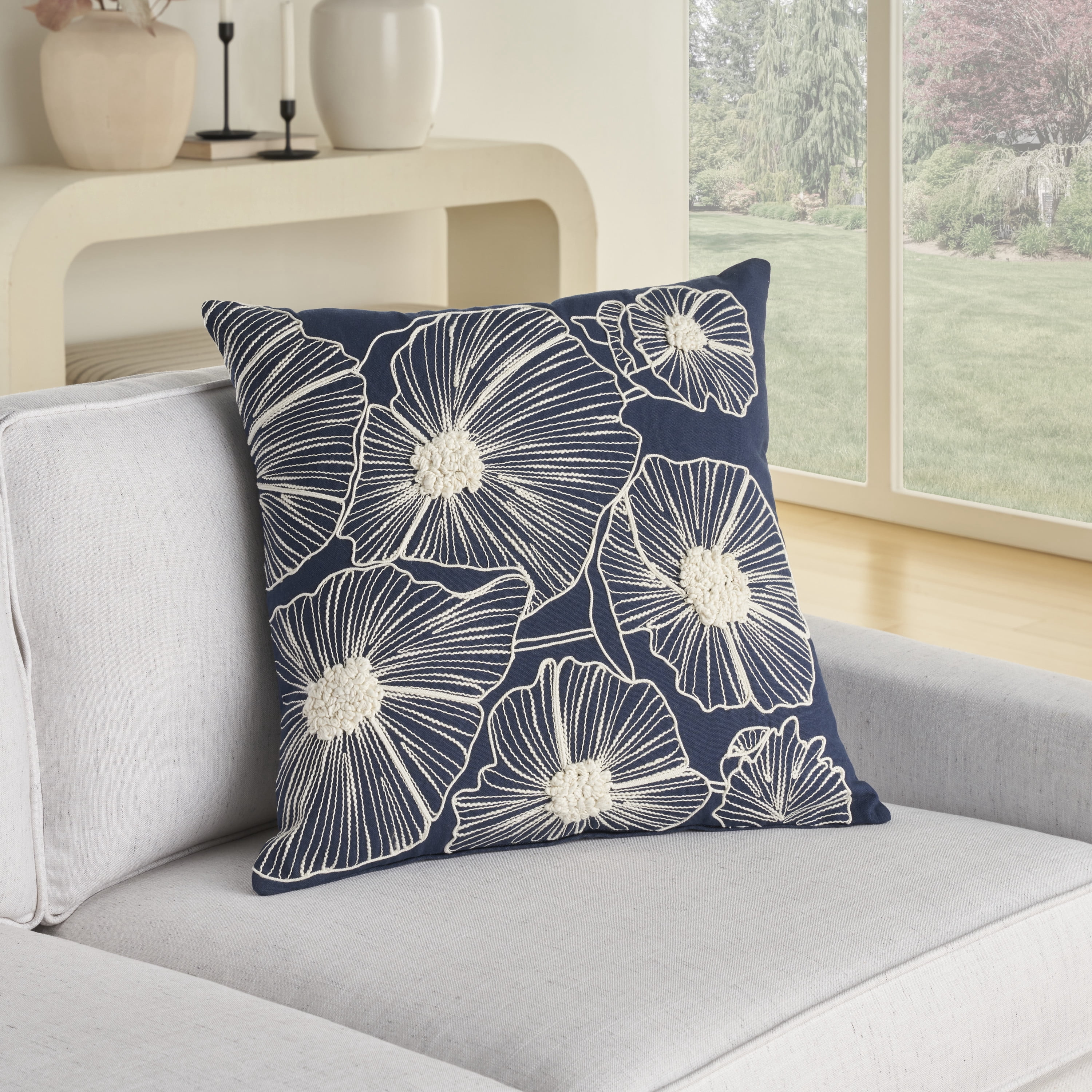 Nourison Life Styles Embroidered Flowers Navy 20" x 20" Throw Pillow Cover