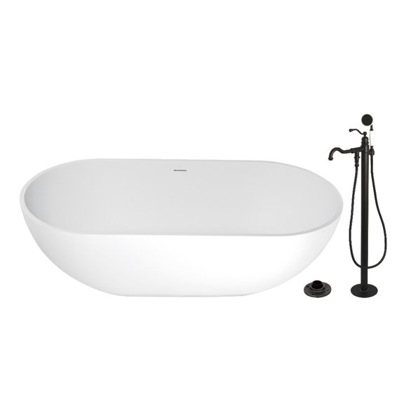 Kingston Brass KRTRS7035130AL 70-Inch Solid Surface Oval Double Ended Freestanding Tub with Faucet Combo and Drain in Matte Black