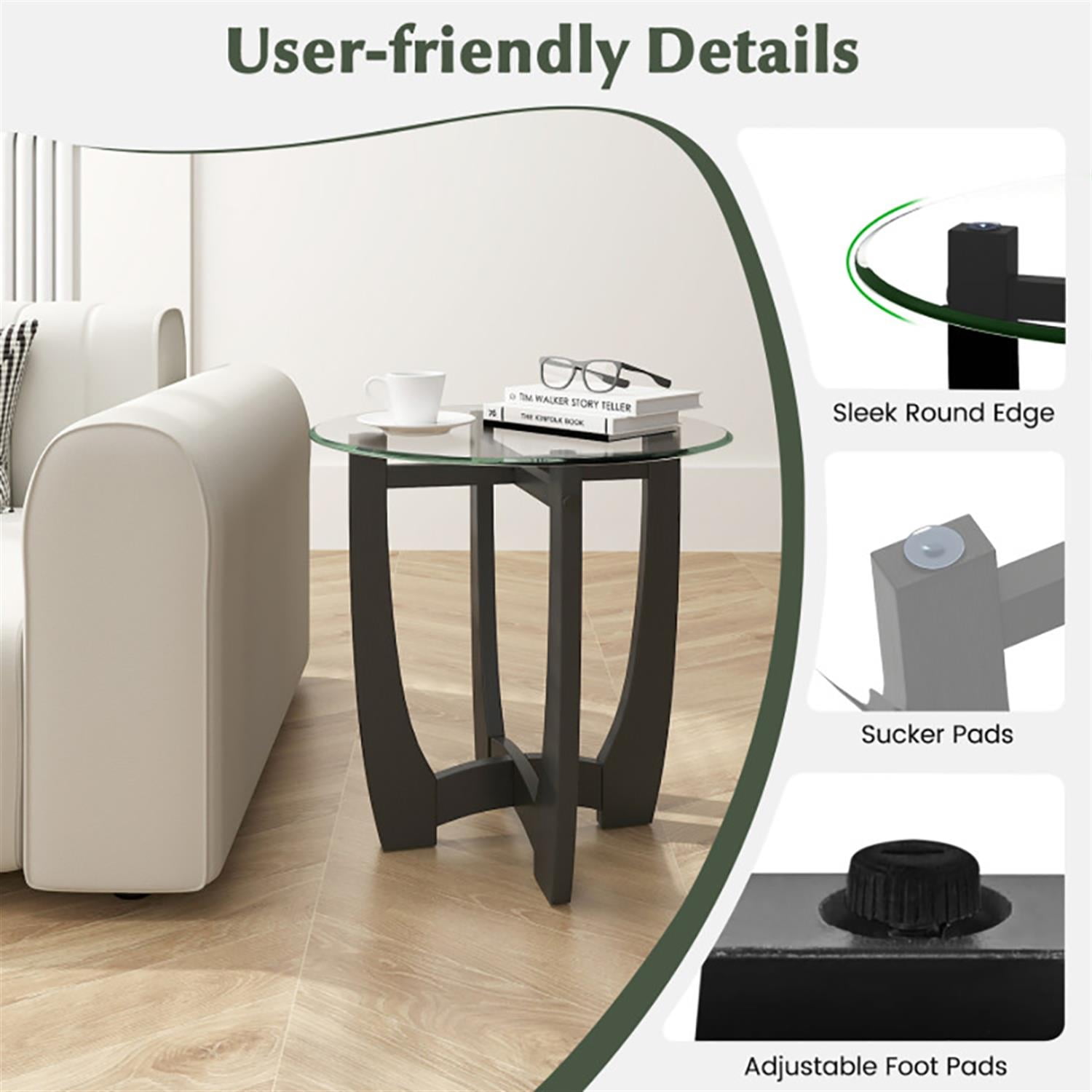 Demi Bonn Round Sofa Side Table, End Table with Tempered Glass Tabletop, for Small Spaces, Living Room, Bedroom, Black