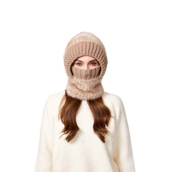 3-in-1 Fleece-Lined Balaclava Hat, Integrated Scarf and Mask Winter Knit Beanie, Windproof Full Face Cover for Outdoor Activities