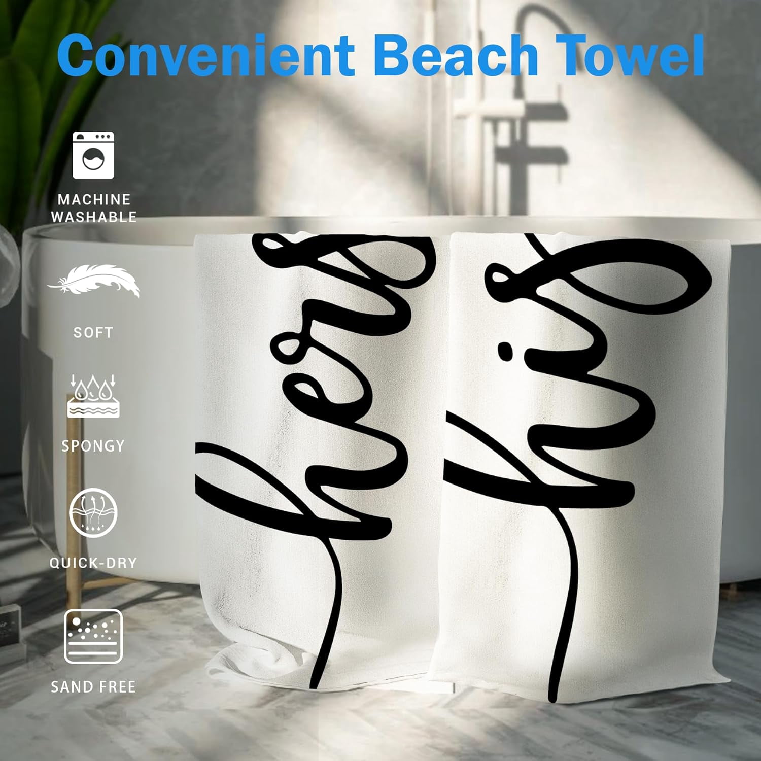 Hers and His Beach Towel Set of 2, Honeymoon Wedding Beach Towels Gifts for Newlywed Couple Bride Groom Valentine's Day, Black and White Beach Towels Oversized Decor for Bathroom 30x60 in