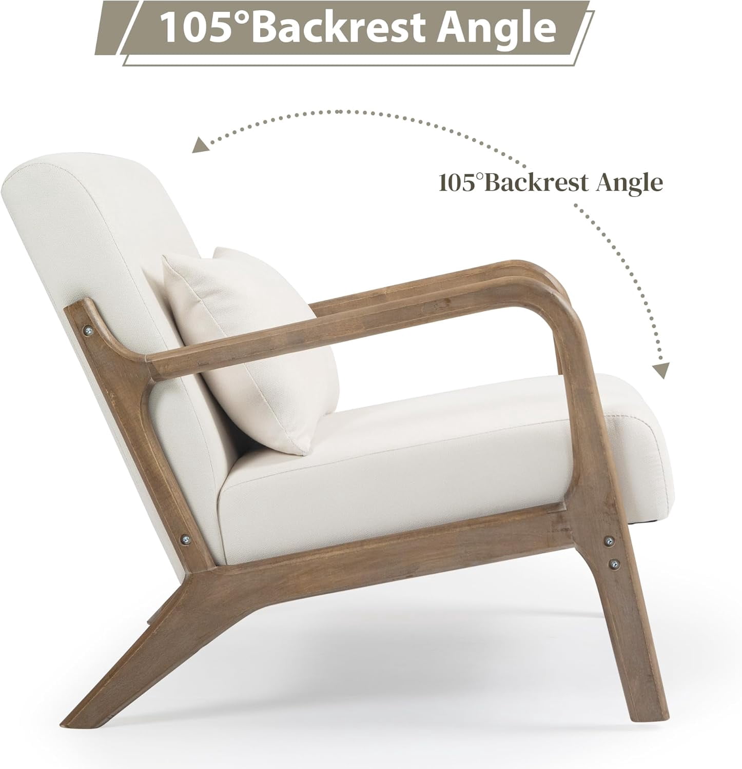 MOONMISS Mid-Century Modern Accent Chair, Velvet Fabric Arm Chair with Wood Frame and Pillow, Upholstered Armchair Comfort Reading Chair Lounge Chair for Living Room Bedroom Sunroom, White