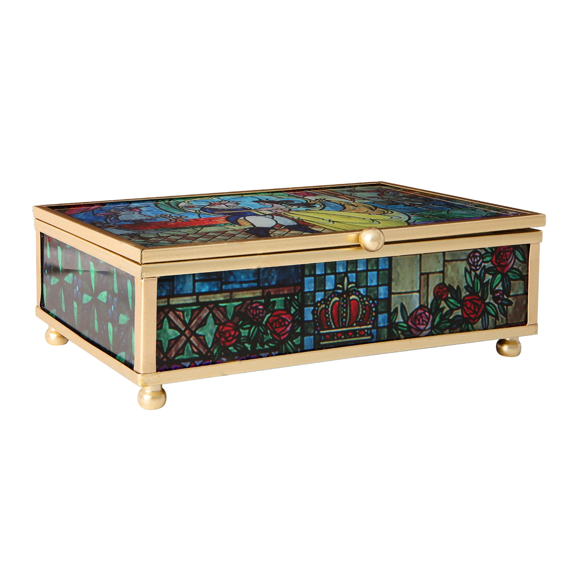 Disney Beauty and the Beast Jewelry Box- Glass Jewelry Case with Stained Glass Belle and the Prince Design Jewelry