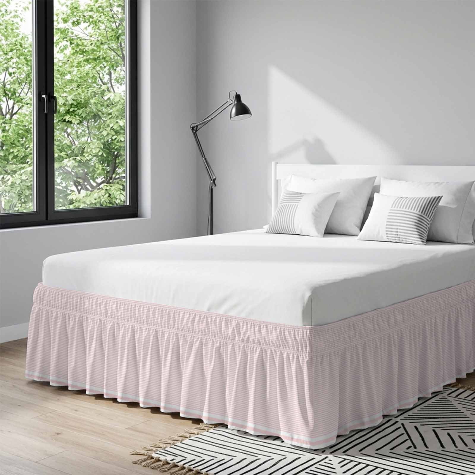 Bed Skirt Stripes Adjustable Elastic Wrap-Around Dust Ruffle with Abstract Pink Geometric Simple 18 Inch Drop, Bed Frame Cover for Queen Size Bed