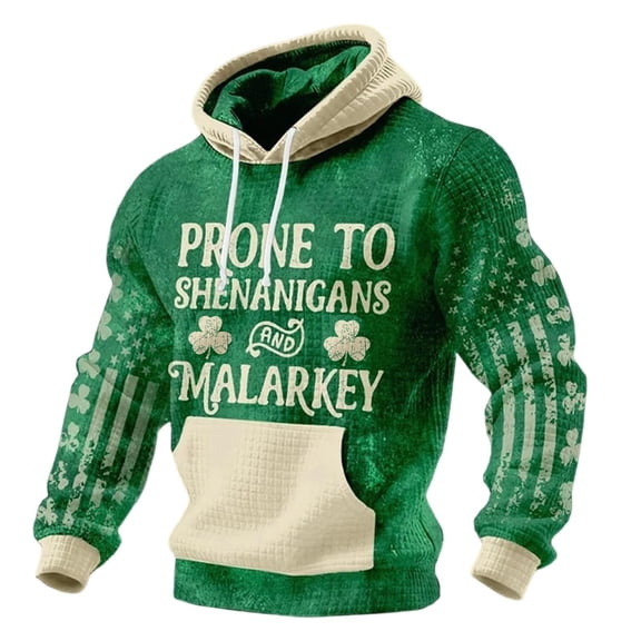 Men's St. Patrick's Day Hoodie Shamrock Shenanigans Print Pullover Long Sleeve Sweatshirt