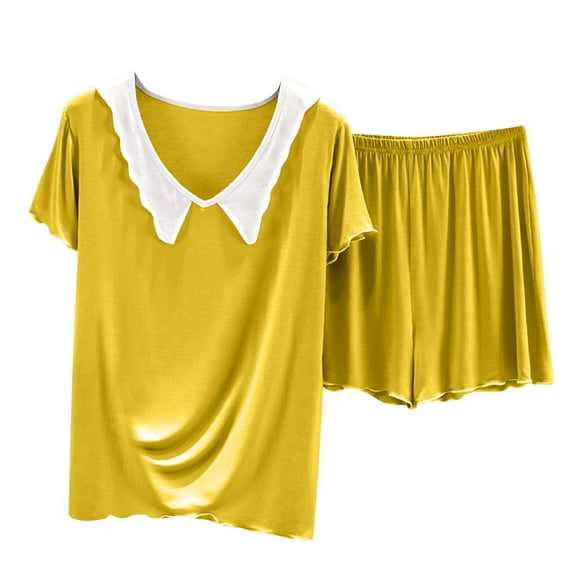 Chbgutlmr 2 Piece Womens Pajama Sets Summer V Neck Ruffle Short Sleeve Tshirts Wide Leg Shorts Soft Pjs Outfits