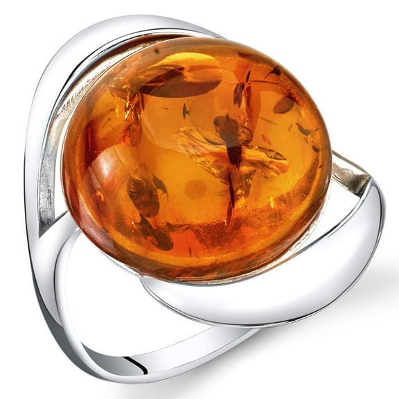 PEORA Genuine Baltic Amber Large Round Swirl Ring for Women in Sterling Silver, Rich Cognac Color, Comfort Fit, Size 9