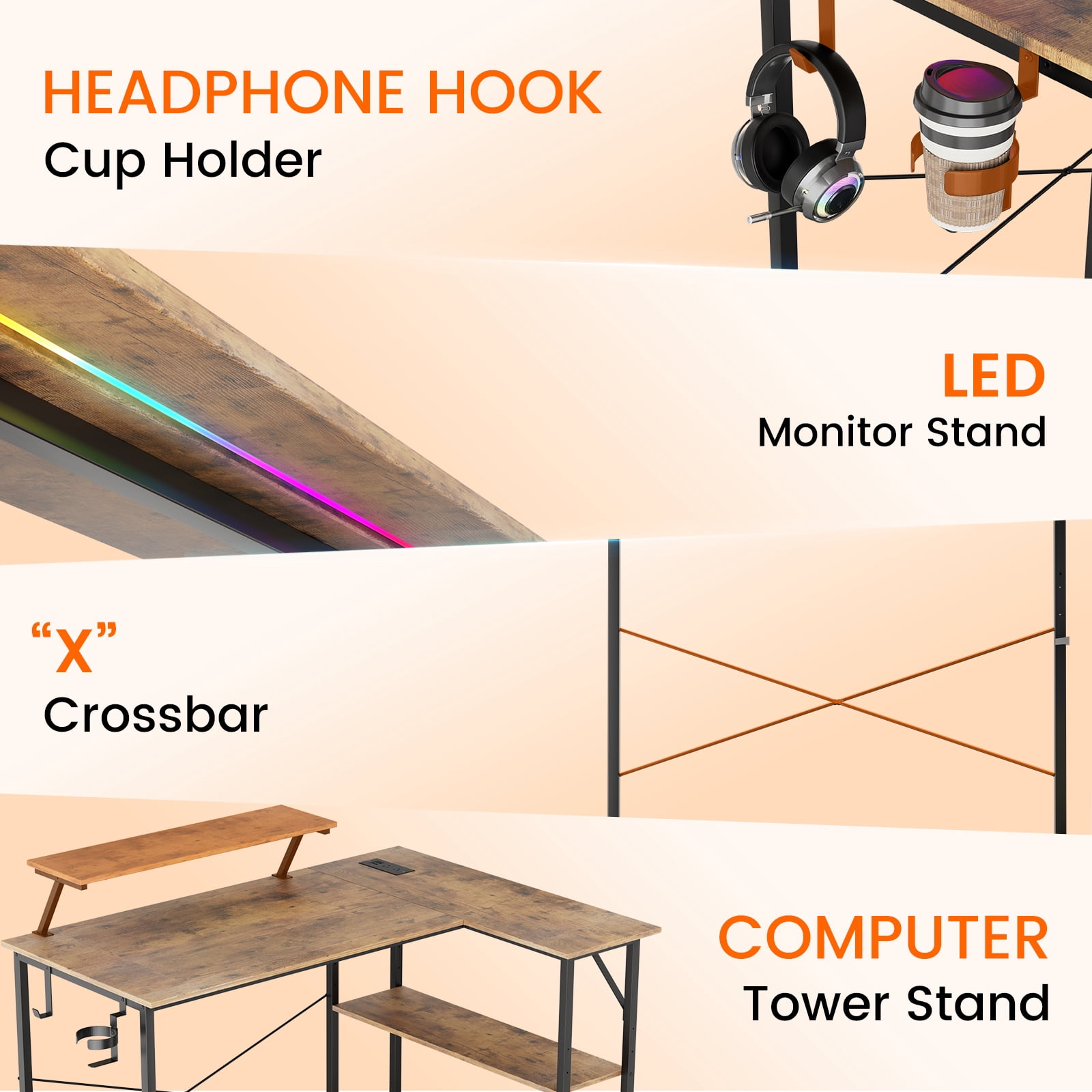 CLOUDREST PTO 42" L-Shaped Office Desk with Power Outlets & RGB LEDs, Brown