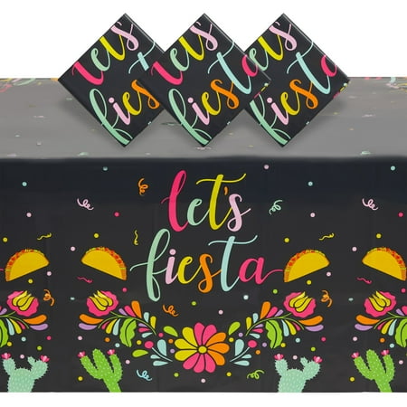 3 Pack Let’s Fiesta Table Covers for Cinco de Mayo Decorations, Mexican Taco Party Supplies (54 x 108 In)
