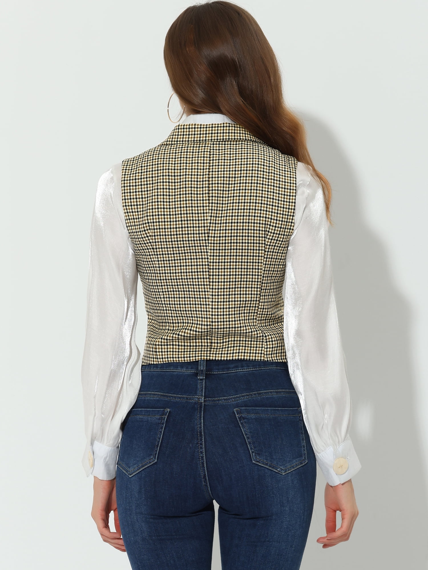 DARING DIVA Women's Plaid Waistcoat Notched Lapel Collar Vintage Vest 2XL Brown