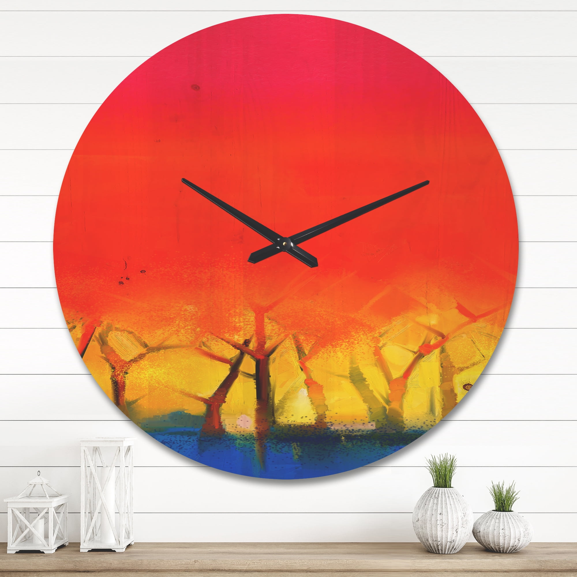Designart 'Red Sky Spring Season and Tree' Modern Wood Wall Clock