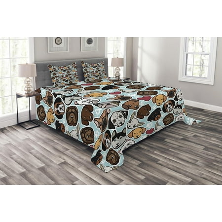 Dog Bedspread Dog Lover Bedspread Set, Canine Breeds Bulldog Chihuahua Siberians and Retriever Love Heart Paw Prints, Decorative Quilted Coverlet Set with Pillow Shams Included, Multicolor, by Ambesonne ()