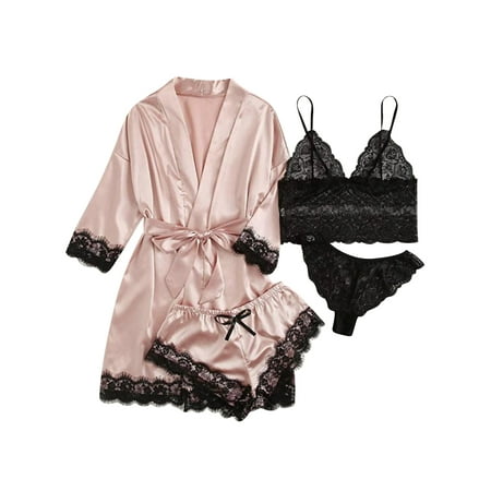 

STARVNC Women Lace Lingerie Tie Waist Silk 4 Piece Set Pajama