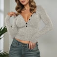thumbnail image 2 of Bibifish Womens T-Shirts Deep V Neck Half Button Down Casual Slim Fit Knitted Crop Tees Fall Winter Long Sleeve Trendy Ladies Tops, 2 of 6