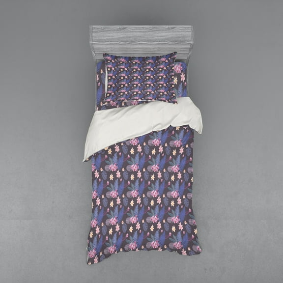 Tropical Duvet Cover Set, Monstera Leaves with Jungle Fern Banana Palm Island Atmosphere, Bedding Set with Shams and Fitted Sheet, 3 Sizes, by Ambesonne