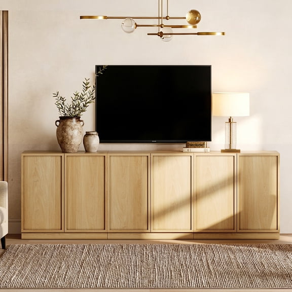 WAMPAT Modern TV Stand for TVs Up to 100", 3-in-1 Entertainment Center TV Console with 6 Doors and Adjustable Shelf, Wooden Media Console Cabinet for Living Room, Bedroom, Oak