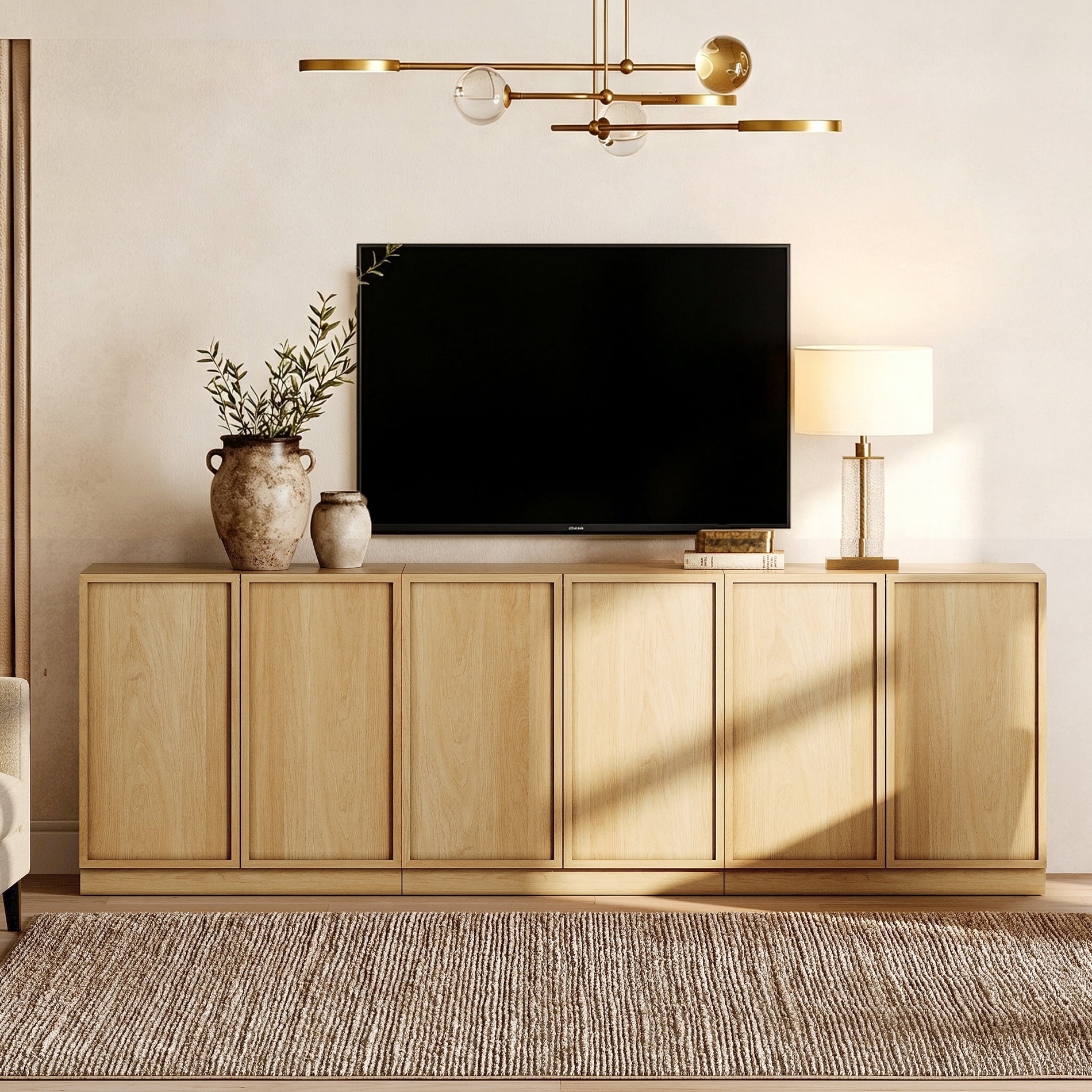 WAMPAT Modern TV Stand for TVs Up to 100", 3-in-1 Entertainment Center TV Console with 6 Doors and Adjustable Shelf, Wooden Media Console Cabinet for Living Room, Bedroom, Oak