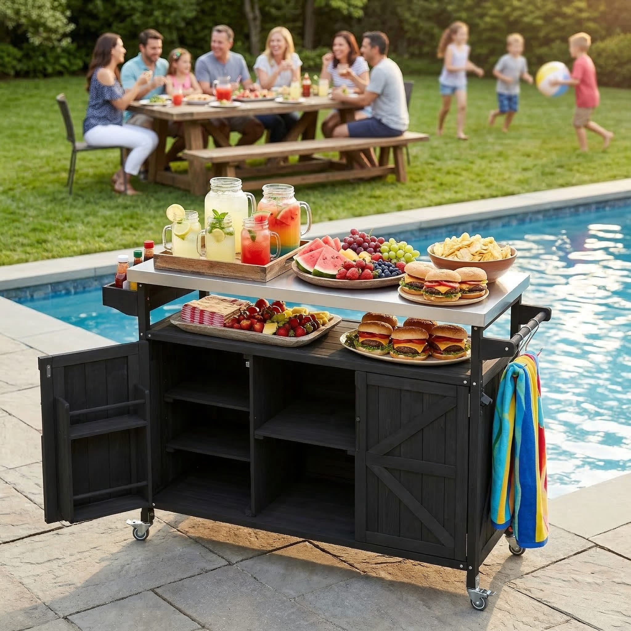 Homy Casa Outdoor Grill Cart with Stainless Steel Top, Rolling Kitchen Island with Storage Cabinet and Hooks, Black