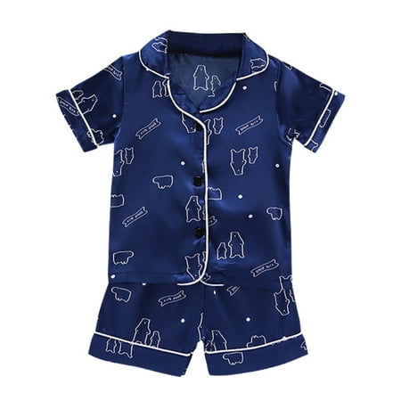 

Gyratedream Baby Toddler Kids Boys Girls Satin Silk Cartoon Bear Print Sleepwear Pajamas Short Sleeve Blouse Tops+Shorts