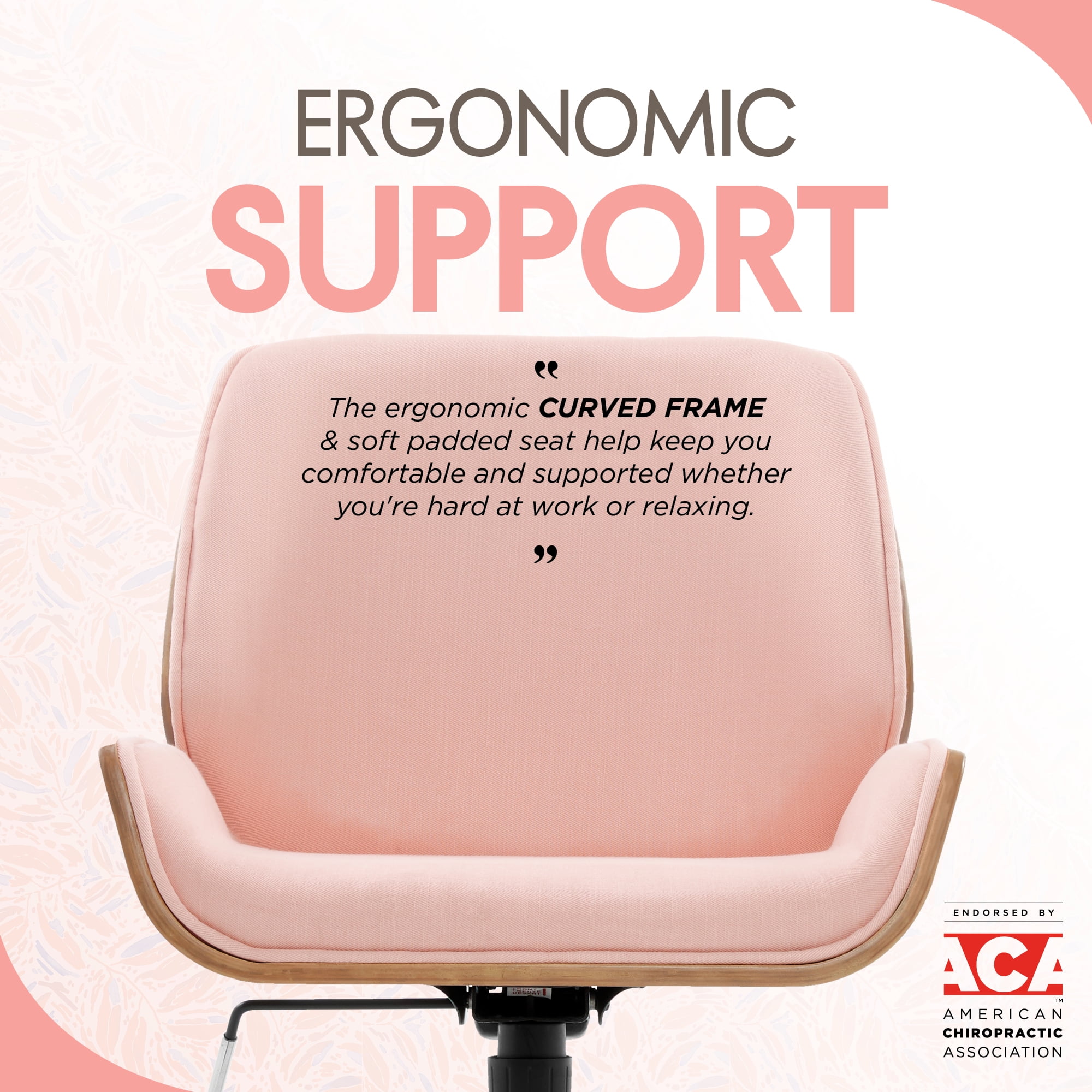 Elle Decor Ophelia Office Chair, Curved Bentwood Low-Back and Seat, Chrome Swivel Base, Woven Fabric, Blush Pink