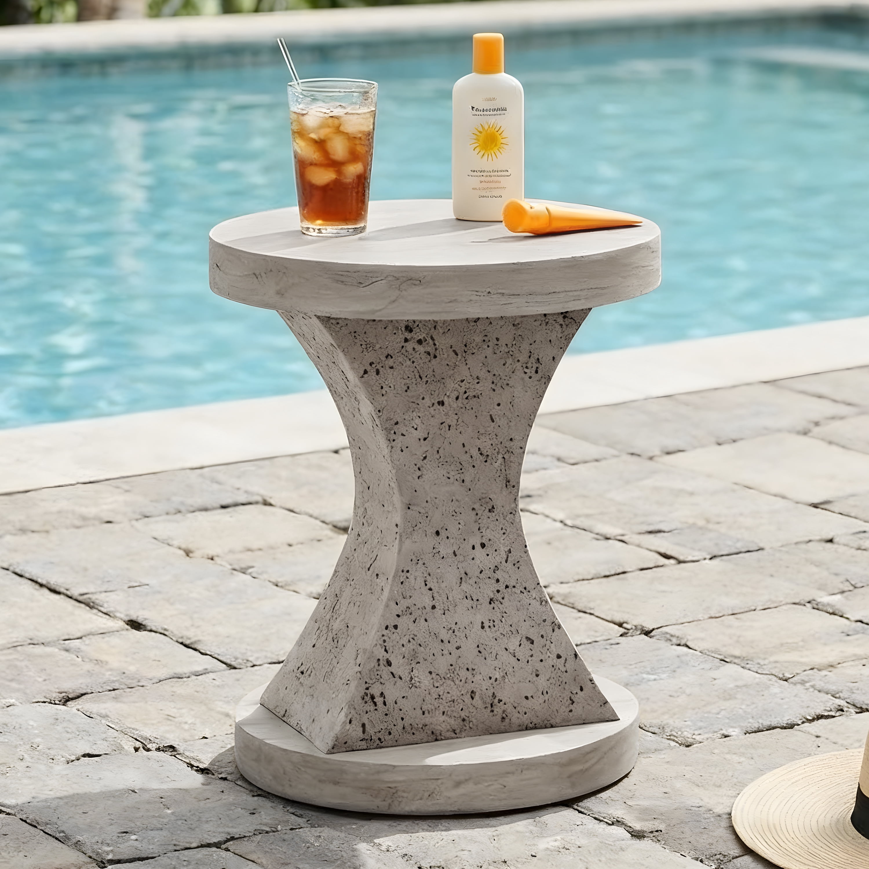 Hourglass MGO Side Table–Waterproof, Fireproof, Sturdy & Textured–No Assembly Required，Ivory Oak Travertine