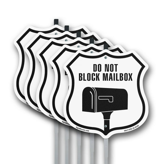 Do Not Block Mailbox (5 Pack) 12 inch X 12 inch Shield Shaped Rust-Free Aluminum Metal Signs with Aluminum Mounting Stakes Weather Resistant Made in the USA