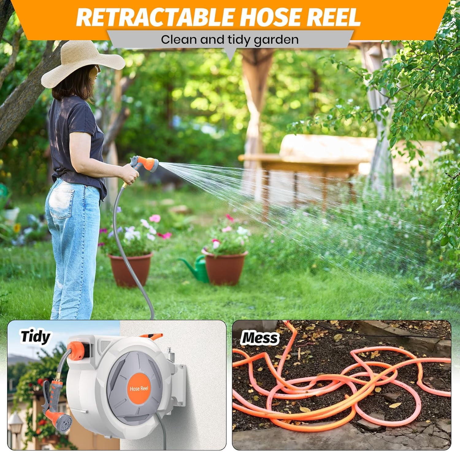 ChaoLink Retractable Garden Hose Reel 1/2 Inch*65 Ft - UV Resistant, Heavy Duty with 9 Function Sprayer Nozzle