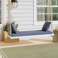 thumbnail image 1 of Silla de columpio de madera del patio, banco colgante del porche con cojines y almohadas, cuerdas de cáñamo de 10,8 pies para jardín, patio trasero, 1 of 5