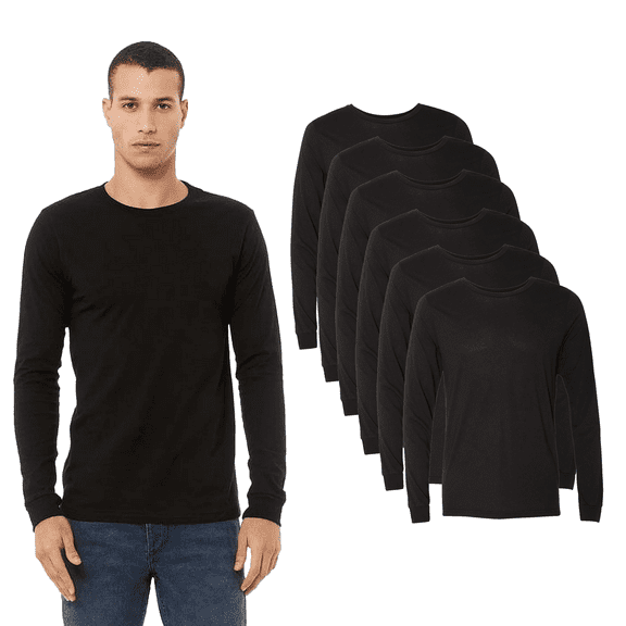 BELLA   CANVAS Long Sleeve T Shirt for Men, Crewneck 3.8 Oz Solid Black Triblend Casual Tees 6 Pack, S Size