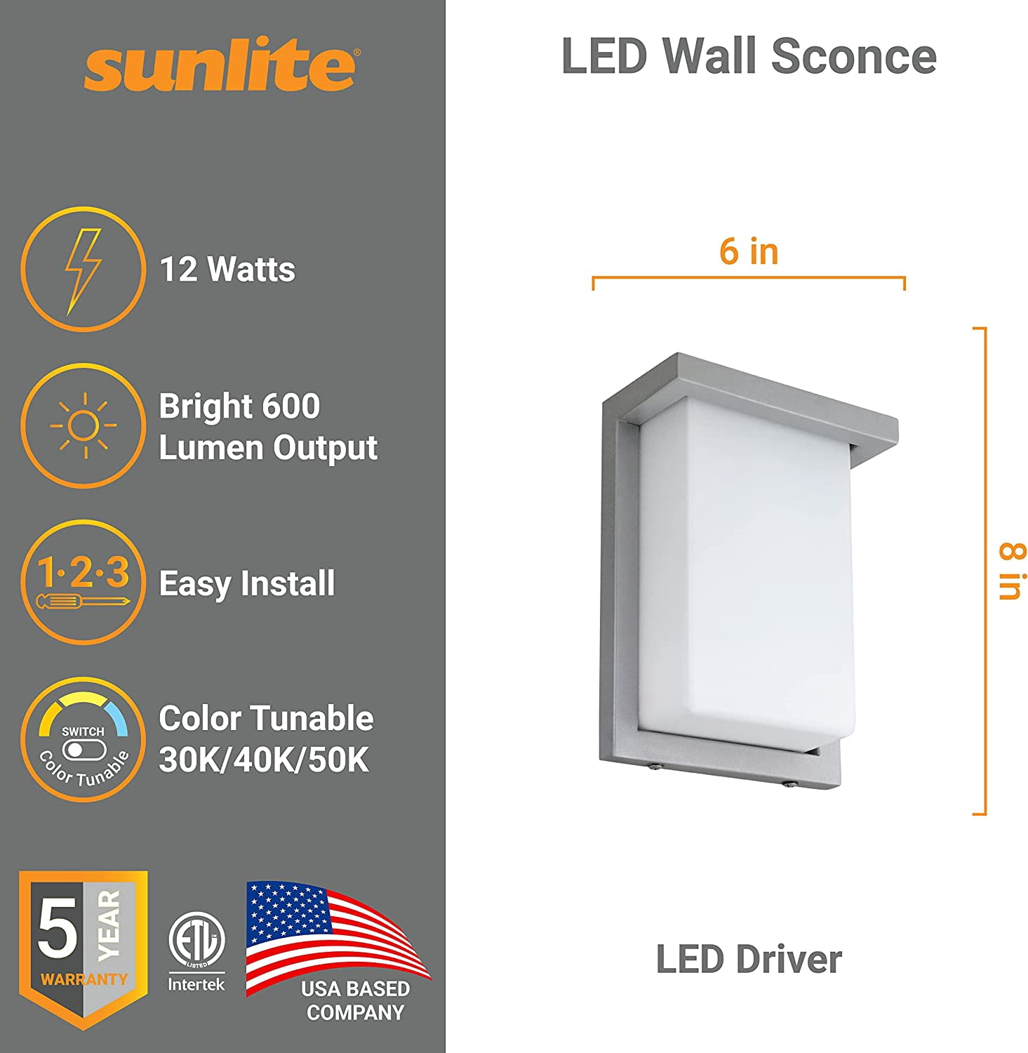 Sunlite 8-in 12w Silver Finish Outdoor Modern Wall Sconce Light Fixture
