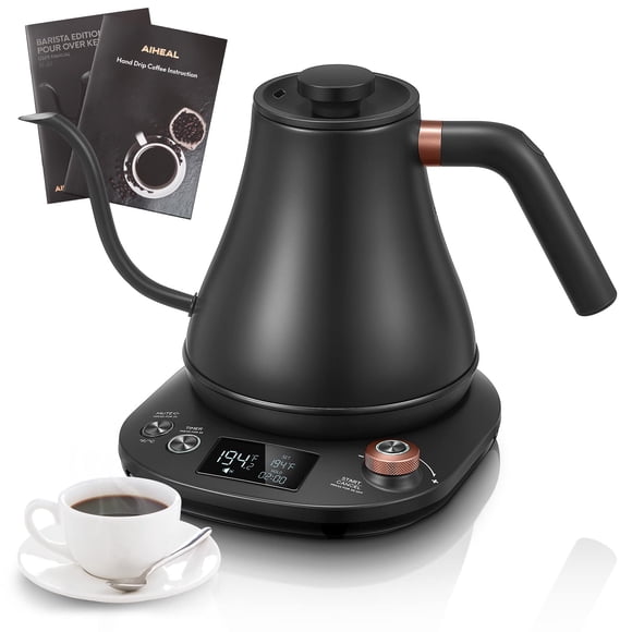 Bouilloire Électrique à Col de Cygne avec Contrôle de la Température, Bouilloire Électrique à Versement pour Café et Thé, Intérieur 100 % Acier Inoxydable, Chauffage Rapide 1200 W, 0,8 L, B