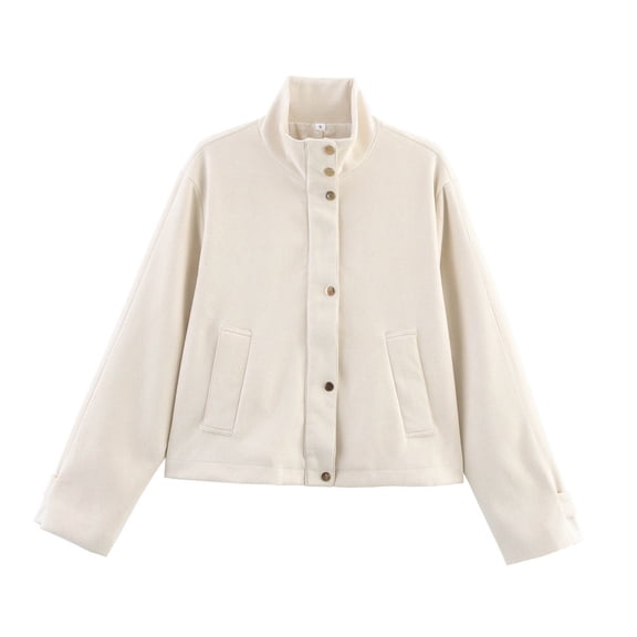 Unir Casual Faux Suede Button Up Jacket for Women, Stand Collar, Relaxed Fit Everyday Outerwear with Side Pockets, 1 Piece, XS-L