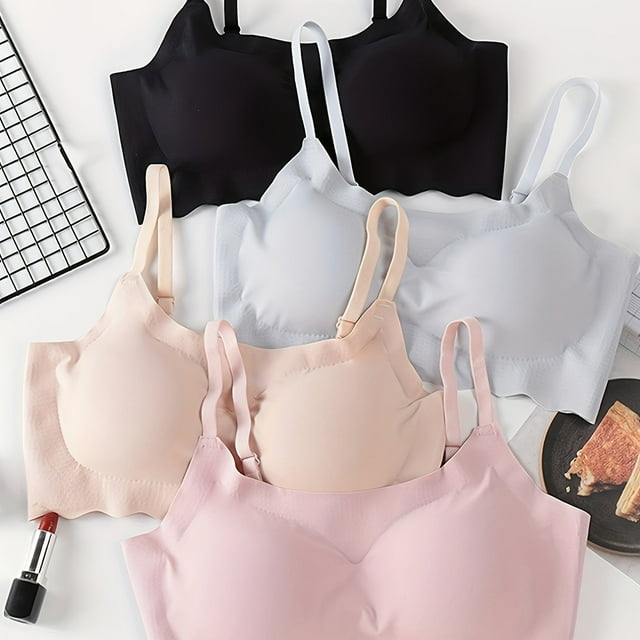 4pcs Seamless Solid Bralettes, Comfortable Adjustable Straps Wireless Intimates Bra, Women's Lingerie & Underwear
