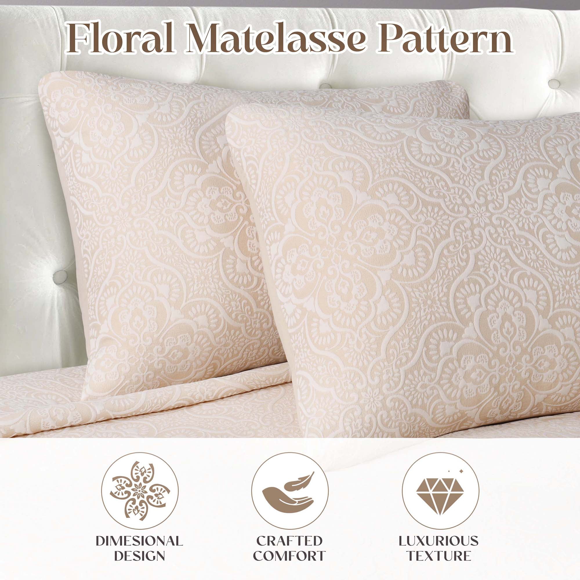 Superior Enzy Floral Matelasse Bedspread and Sham Set, 3-Piece Soft Textured Jacquard Bedspreads, California King, Ivory