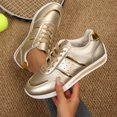thumbnail image 4 of Tennis Shoes Womens Trendy Color Block Leather Lace up Running Trekking Shoes Antislip Breathable Athletic Sneakers Casual Walking Shoes Gold Size 6.5, 4 of 7