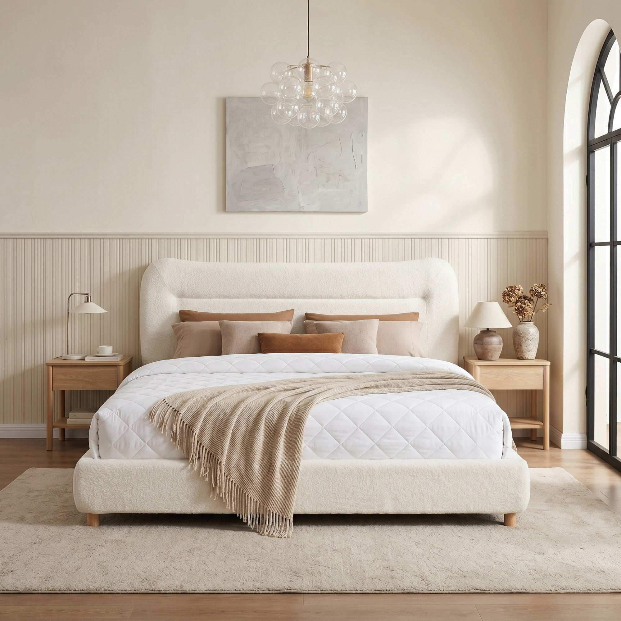 Sailvan Queen Minimalist Teddy Fleece Upholstered Bed Frame with Curved Headboard,Soft Plush Platform Bed,800lb Weight Capacity,Easy Assembly