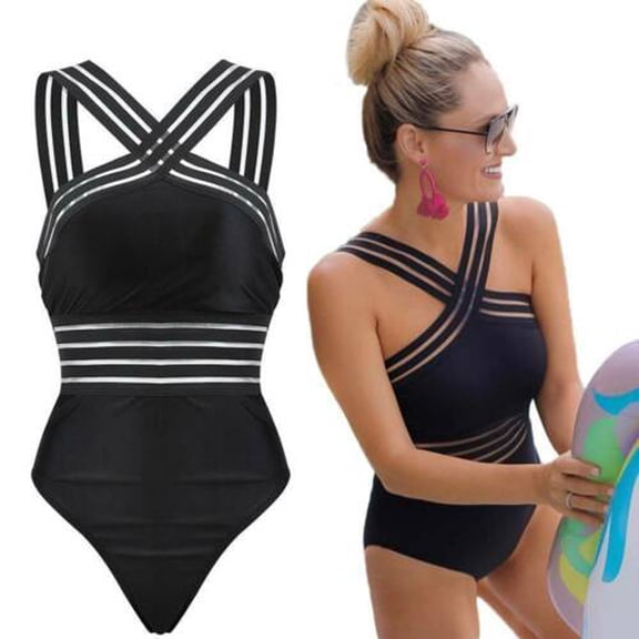 Summer Women Solid Swimwear One-piece Swimsuit Cross Shoulder Straps Beachwear