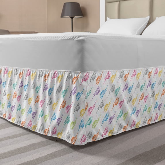 Bird Bed Skirt, Cheerful Pattern with Colorful Outlines of Sparrows on Vivid Pastel Polka Dots, Elastic Bedskirt Dust Ruffle Wrap Around for Bedding Decor, 4 Sizes, Multicolor, by Ambesonne
