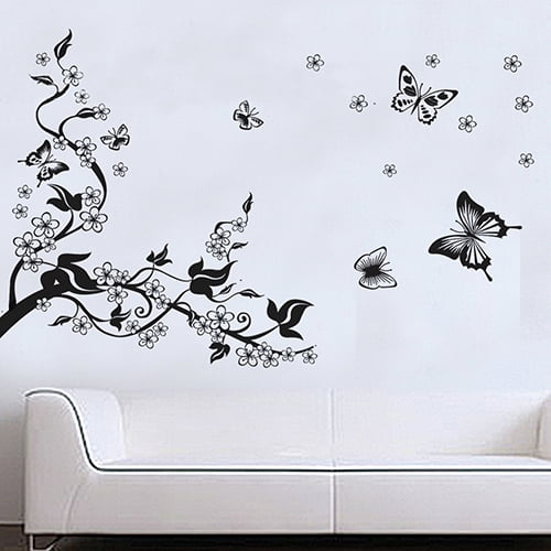 Noir Vigne De Fleur Et Papillons Stickers Muraux, Décoration