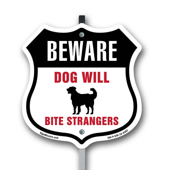 Beware Dog Will Bite Strangers 12 inch X 12 inch Shield Shaped Rust-Free Aluminum Metal Sign with Aluminum Mounting Stake Weather Resistant Made in the USA