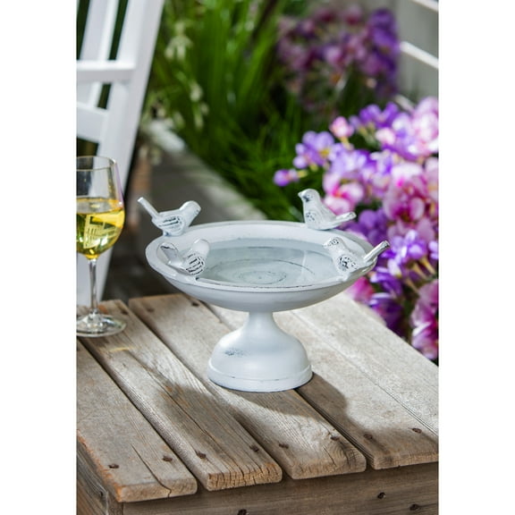 Evergreen Perched Birds Metal Tabletop Bird Bath