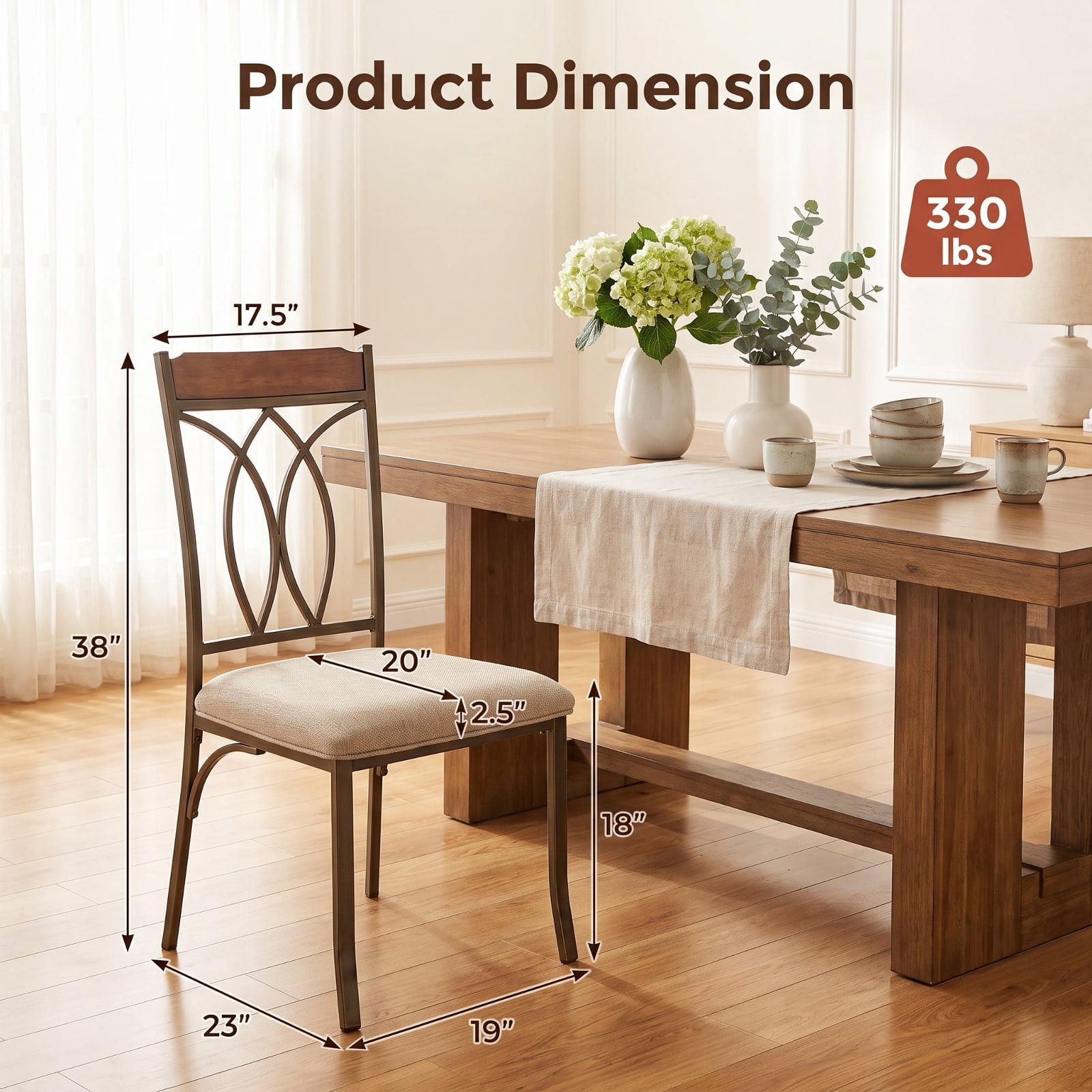 Furnibear Armless Dining Chairs Set of 2 with Padded Seat Cushion and Metal Frame Brown