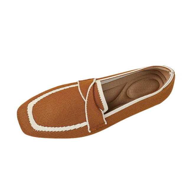 Xfvqtps Womens Knit Loafers Square Toe Flat Bottom Slip on Breathable Casual Shoes Multiple Colors Spring Wear Brown