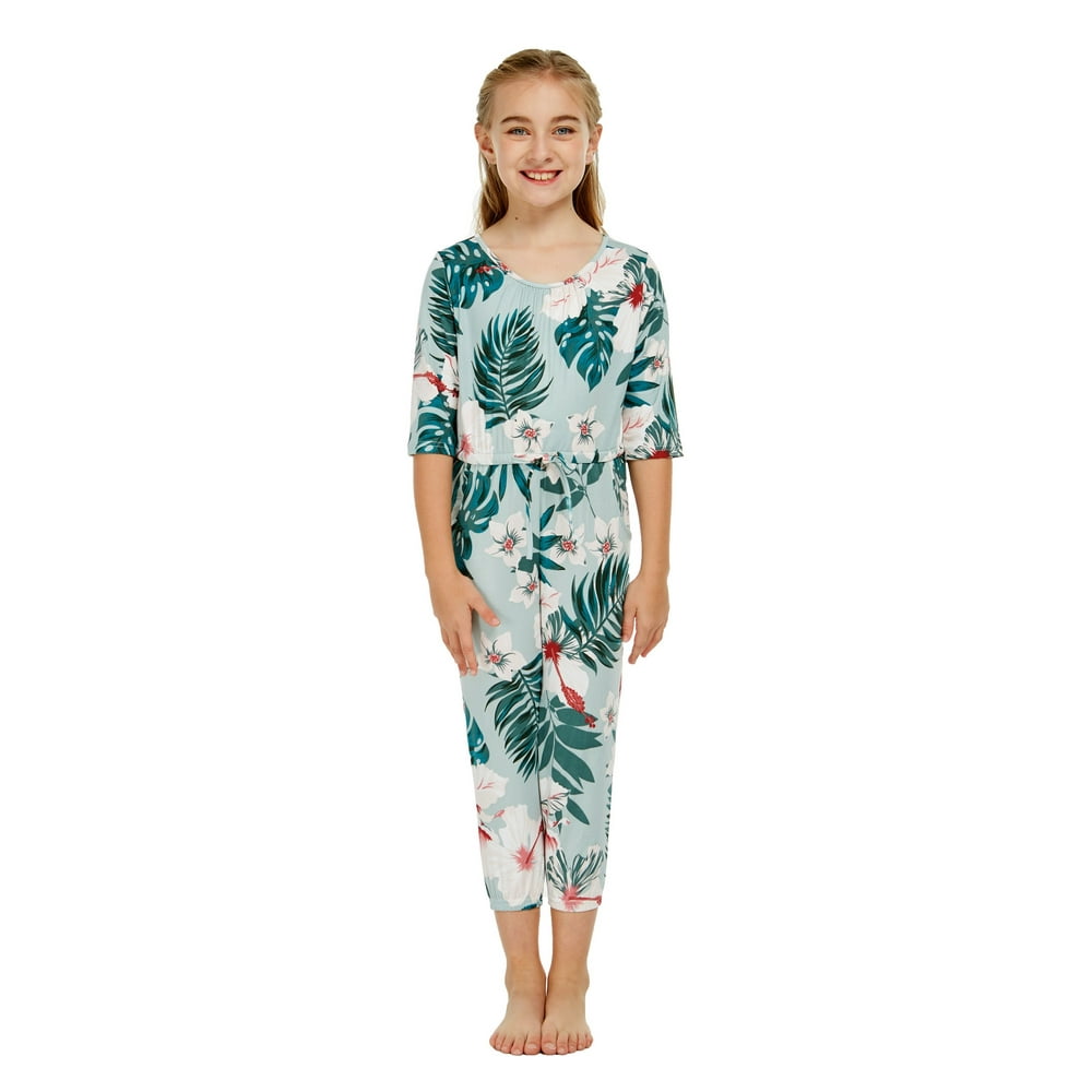 Hawaii Hangover - Girl Hawaiian Half Sleeve Stretchy Jumpsuit Romper in Mint Forest - Walmart