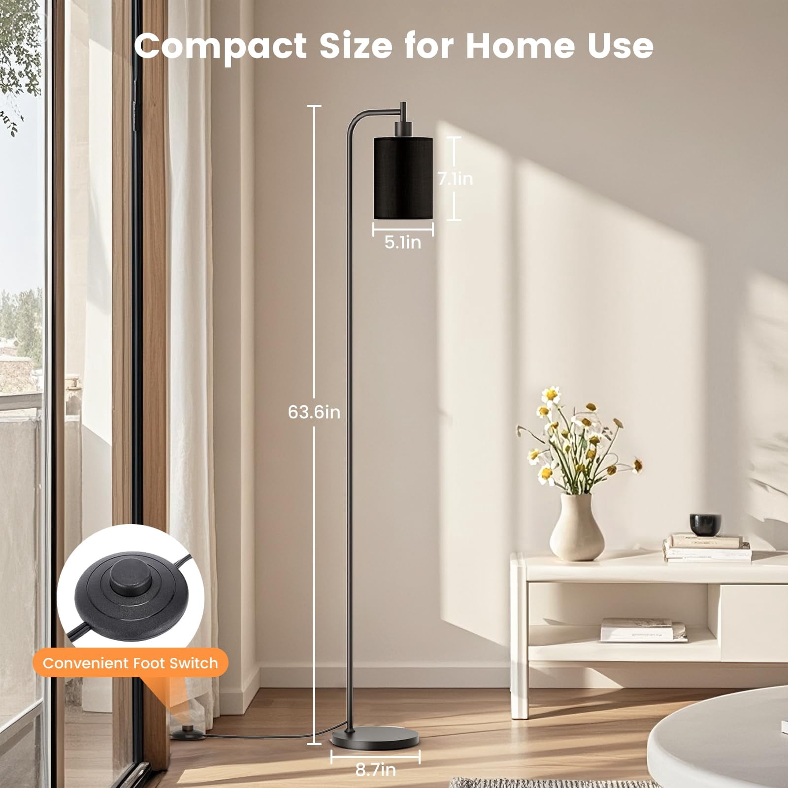 Black Floor Lamp With Linen Shade Dimmable Standing Lamp For Living Room Bedroom Office
